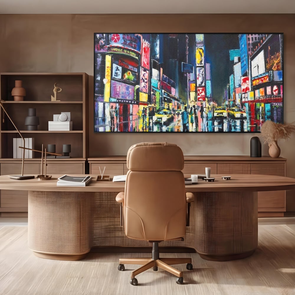 Tablou canvas cu tablou canvas cu peisaj urban nocturn din new york, in rama de aluminiu negru, pe perete intr-un birou